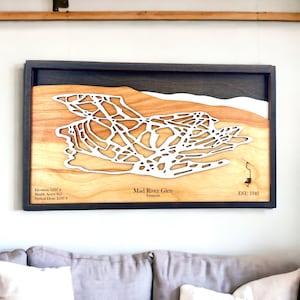 Station de ski de Mad River Glen, Vermont : carte des pistes de ski, décoration de maison de ski, superposition de montagnes 3D, décoration de snowboard