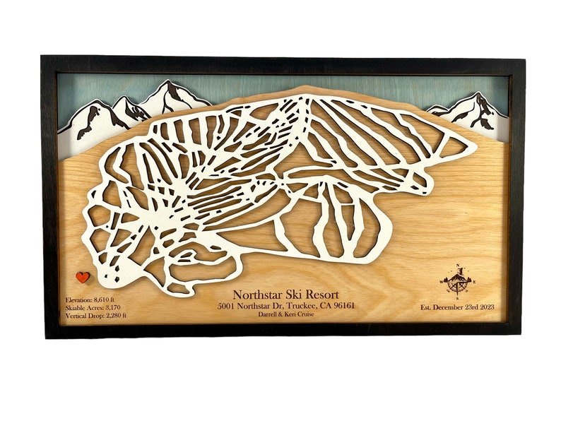 Custom Ski Trail Map Mountains, Ski, Snowboarding, Ski House Decor, Trails, 3D Layered Ski Map image 2