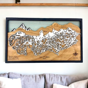 Les 3 Vallées, Francia - Arredamento sci, Mappa sciistica in legno, Arte delle piste da sci, Mappa della stazione sciistica a strati 3D, Arredamento casa sciistica