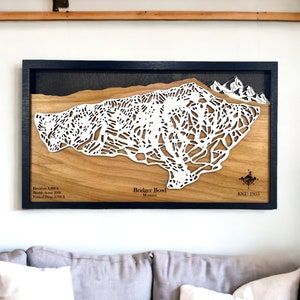 Área de esquí Bridger Bowl, Bozeman, Montana: mapa de pistas de esquí, decoración de la casa de esquí, montañas en capas 3D, decoración de snowboard