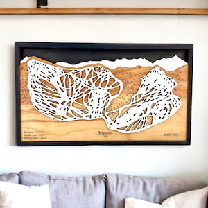 Station de ski de Brighton, Utah : carte des pistes de ski, décoration de maison de ski, montagnes en superposition 3D, décoration de snowboard