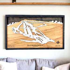 Station de ski Beech Mountain, Caroline du Nord - Ski déco, carte des pistes de ski en bois, art des pistes de ski, carte des pistes de ski en couches 3D, déco maison de ski, déco snowboard