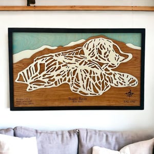Bogus Basin, Boise, Idaho - décoration de ski, carte de ski en bois, art des pistes de ski, plan de la station de ski en couches 3D, déco maison de ski, déco snowboard