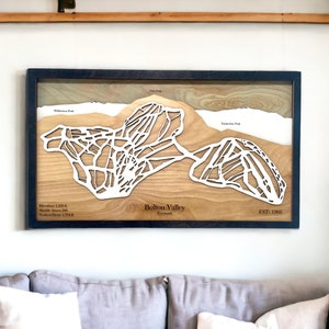Skiresort Bolton Valley, Vermont: kaart skipiste, decor skihuis, 3D gelaagde bergen, snowboarddecor