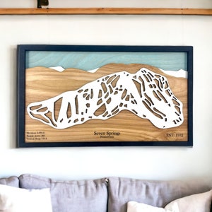 Station de ski de Seven Springs, Pennsylvanie - décoration de ski, carte de ski en bois, art des pistes de ski, plan de la station de ski en couches 3D, décoration maison de ski