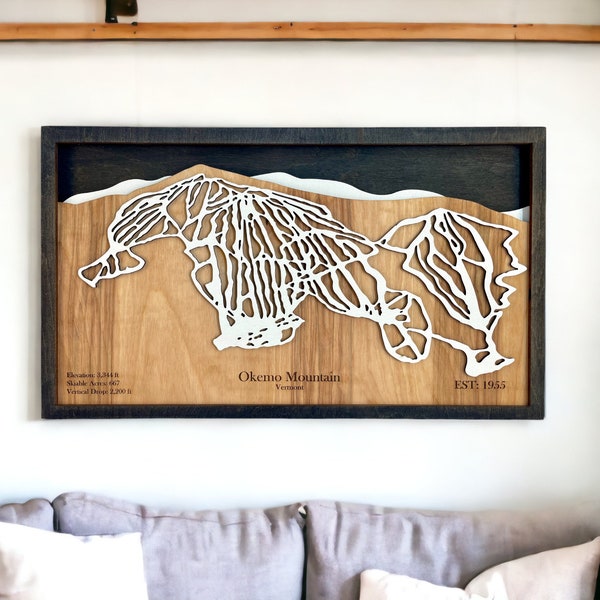 Okemo Mountain, VT - Ski Decor, Wood Ski Map, Ski Trail Art, 3D Layered Ski Resort Map, Ski House Decor, Snowboard Decor