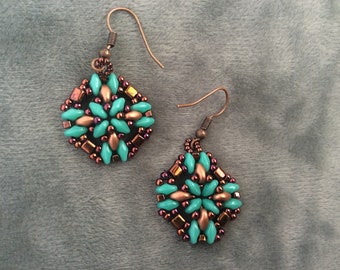 Turquoise and copper lacy mandala earrings  with lead free nickel free ear wires