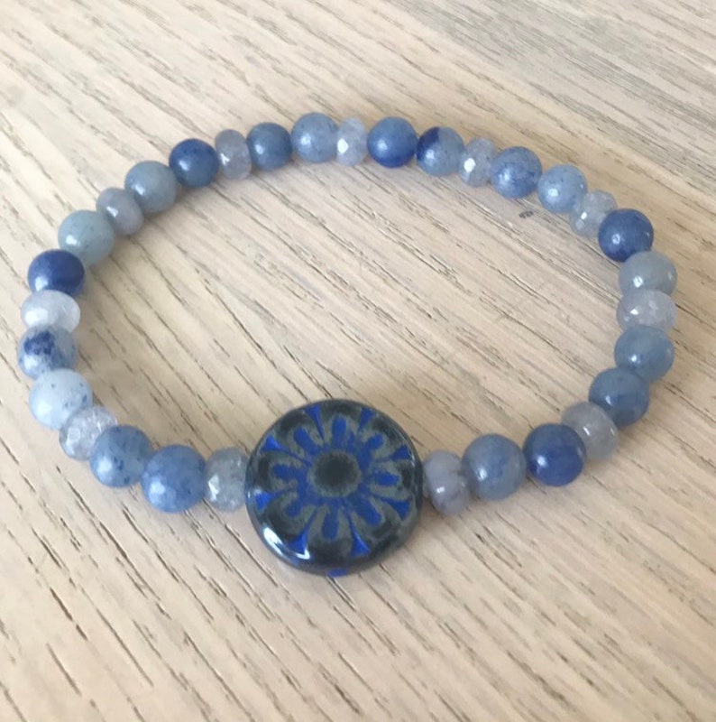 Blue gemstone stack Sodalite and Czech glass bracelet set Mandala flower bracelet in shades of blue