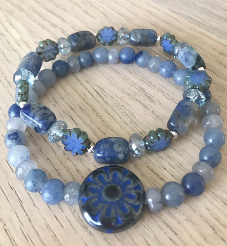 Blue gemstone stack Sodalite and Czech glass bracelet set Mandala flower bracelet in shades of blue