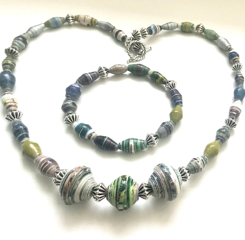 Gray Colorful paper bead necklace and bracelet Olive Purple and Blue necklace set Recycled paper jewelry set Teal