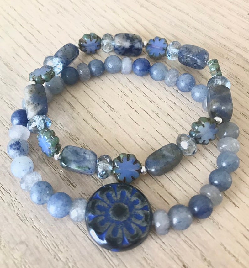 Blue gemstone stack Sodalite and Czech glass bracelet set Mandala flower bracelet in shades of blue