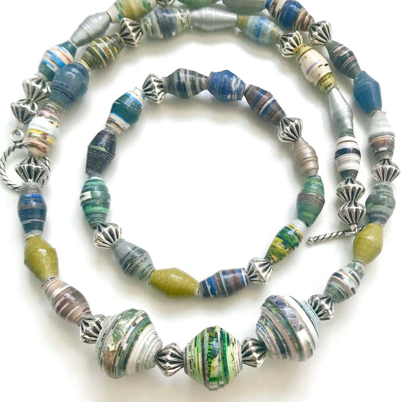 Gray Colorful paper bead necklace and bracelet Olive Purple and Blue necklace set Recycled paper jewelry set Teal