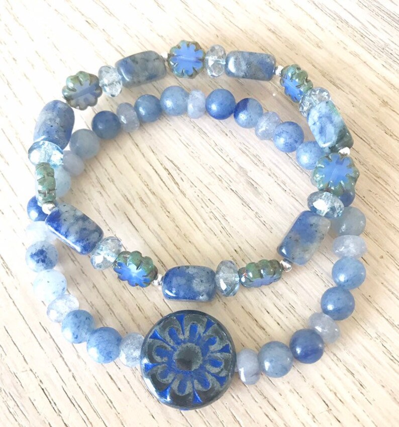 Blue gemstone stack Sodalite and Czech glass bracelet set Mandala flower bracelet in shades of blue