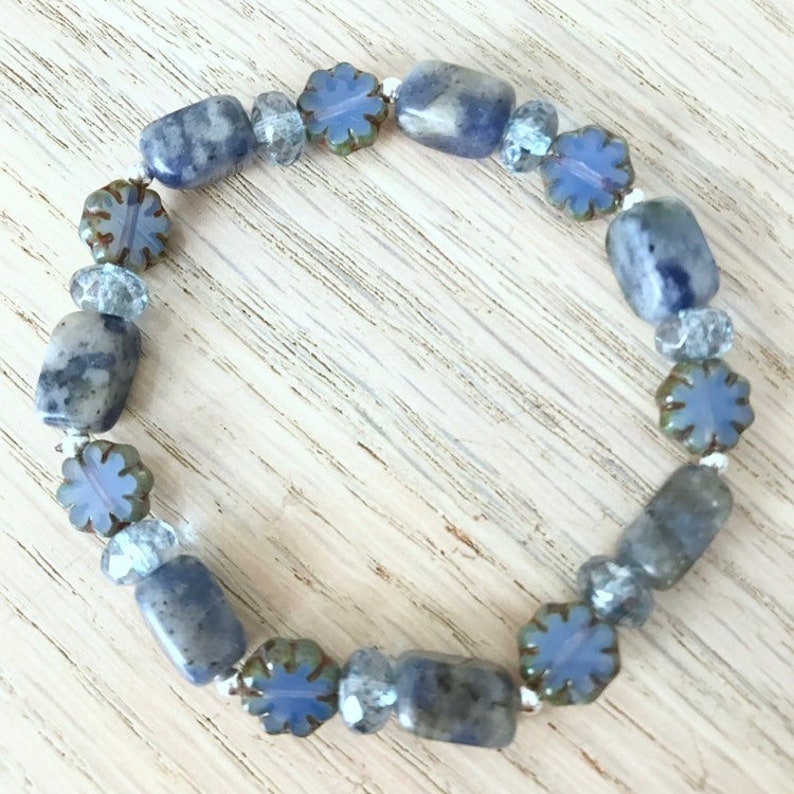 Blue gemstone stack Sodalite and Czech glass bracelet set Mandala flower bracelet in shades of blue