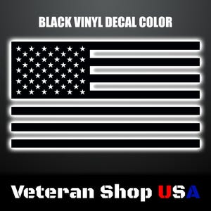 May include: Black vinyl decal featuring a stylized American flag design. The flag has a black and white color scheme, with white stars in the upper left corner and black stripes. The text "BLACK VINYL DECAL COLOR" is at the top. The text "Veteran Shop USA" is at the bottom.