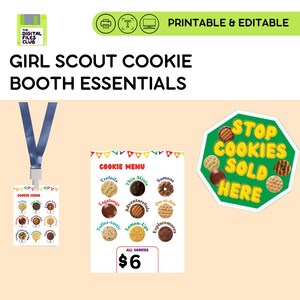 Könnte beinhalten: Girl Scout Cookie Stand-Essentials, darunter eine Cookie-Speisekarte, ein Schlüsselband mit einer Cookie-Speisekarte und ein grün-weißes Schild "Stop Cookies Sold Here". Die Cookie-Speisekarte listet verschiedene Kekssorten auf.