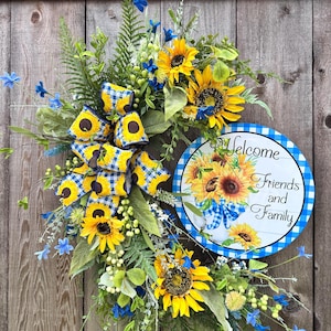 sunflower wreath, country decor, door hanger, welcome wreath, sunflower arrangement, blue and white decor, sunflower decor, summer wreath