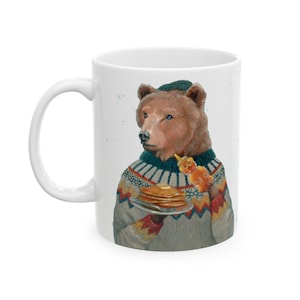 Honey bear with pancake 11 oz ceramic mug, animal in fair isle sweater portrait cup, art by Erika Taguchi - "Sawyer"