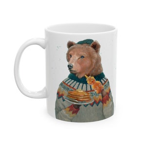 Honey bear with pancake 11 oz ceramic mug, animal in fair isle sweater portrait cup, art by Erika Taguchi-Newton - "Sawyer"