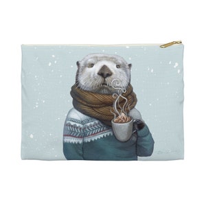 Sea otter pencil case pouch, animal in fair isle sweater portrait accessory or cosmetic bag, art by Erika Taguchi-Newton - "Wallace"