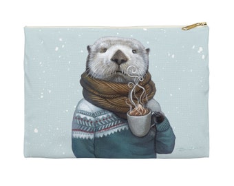 Sea otter pencil case pouch, animal in fair isle sweater portrait accessory or cosmetic bag, art by Erika Taguchi-Newton - "Wallace"