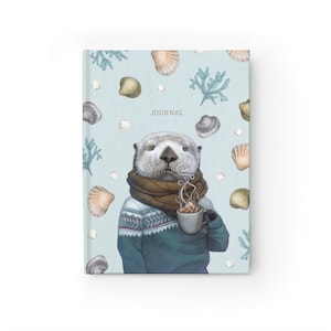 Sea otter blank journal sketchbook, animal in fair isle sweater notebook diary, art by Erika Taguchi-Newton - "Wallace"