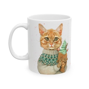 Orange Cat in a Sweater Animal Portrait 11 oz ceramic mug, animal in fair isle sweater portrait cup, art by Erika Taguchi - &quot;Sophie&quot;