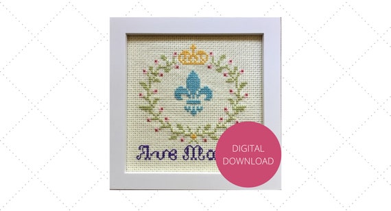 Ave Maria! Peacock Blue Fleur de Lis Catholic Cross Stitch Pattern PDF Digital Download