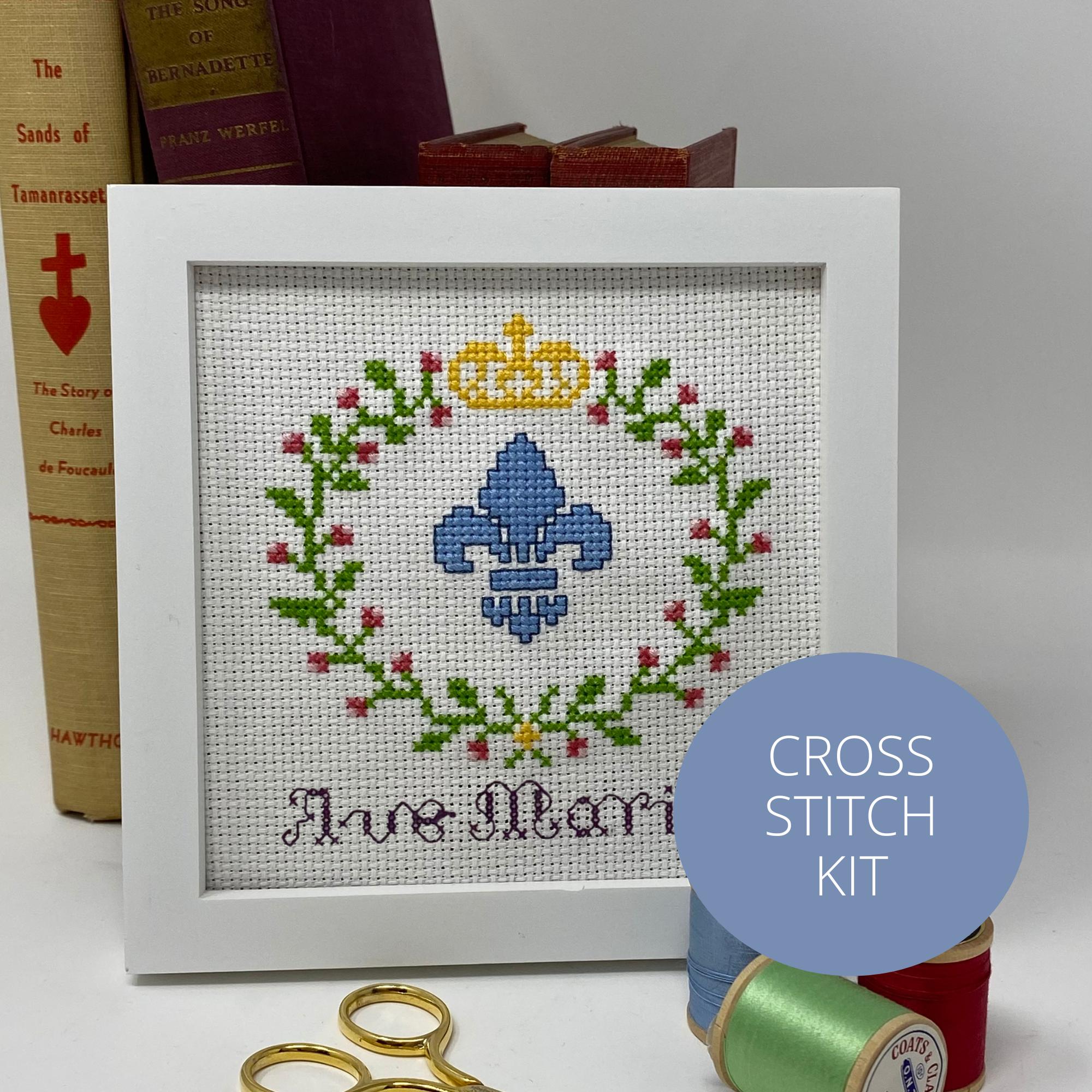 Ave Maria! Antique Blue Fleur de Lis -- Catholic Cross Stitch Kit--All Supplies Included and Mailed to you