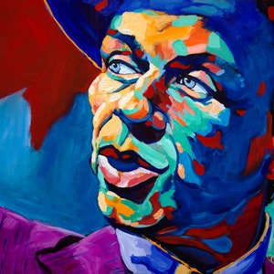 May include: A colorful painting of a man wearing a hat. The painting is done in a bold, abstract style with bright colors like blue, red, green, and yellow. The man's face is the focal point of the painting, and his expression is one of joy and excitement.