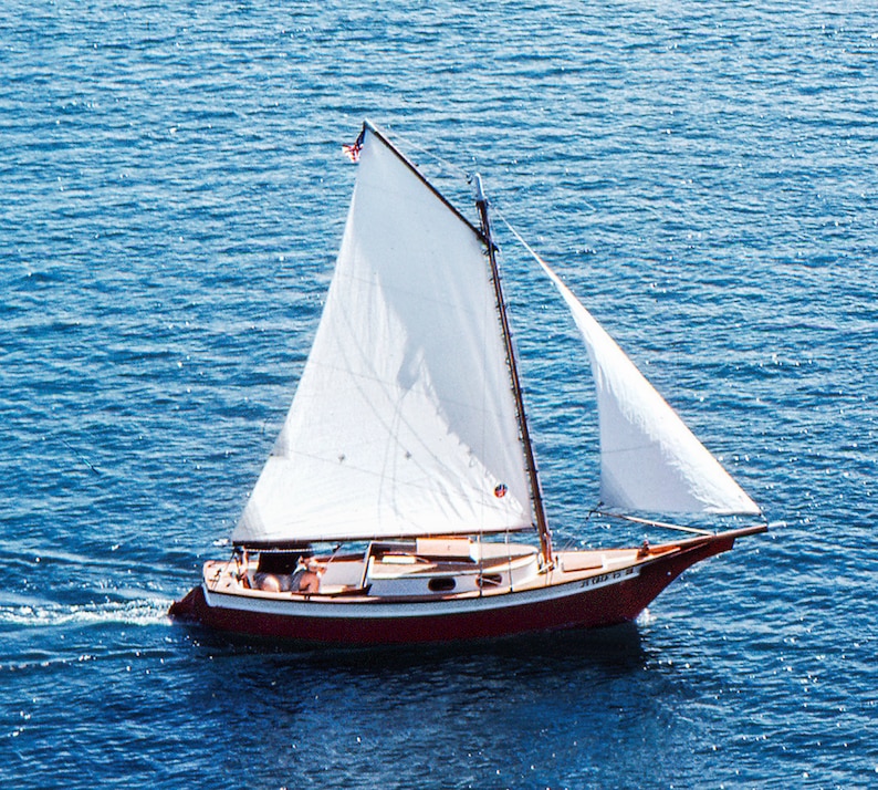 May include: A white sailboat with a red hull and a white sail. The boat is sailing on a blue body of water.
