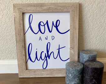 Love and Light, blue and white Hanukkah printable art