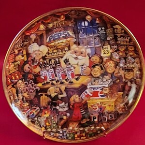 Humorous, Porcelain, Vintage, Ltd. Ed., Franklin Mint Heirloom, Collectible Plate, &quot;Santa&#39;s Pepsi-Cola Workshop&quot;, By Bill Bell, Xmas Theme