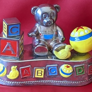 Vintage, Collectible, Heavy, Silver Plate Teddy Bear Music Box, &quot;Toy-land&quot;, Made In China, Yellow Duckies & Alphabet Blocks, Nursery Gift