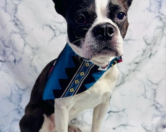 Teal Western Pattern Upcycled Dog Bandana: Handmade Elastic Canvas Pet Accessory