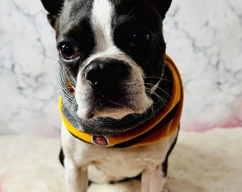 Handmade Velvet Pet Scarf: Mustard & Black Twisty Design