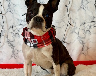 Red Black Plaid Dog Scarf, Cat Scarf Unique Custom Twisty Design Handmade Critter Harmony Reclaimed Fabric Upcycled Pet Fashion Accessory