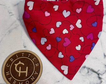 Whimsical Hearts Dog Bandana, Cat Bandana, Unique Custom Elastic Design, Handmade Critter Harmony Reclaimed Fabric Upcycled Pet Fashion