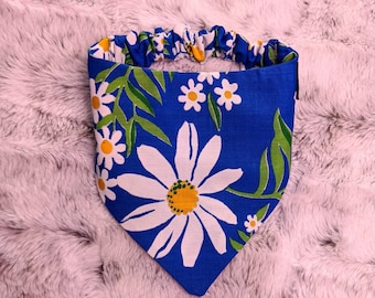 May include: A blue bandana with a white daisy floral print. The bandana has a gathered elastic band at the top.