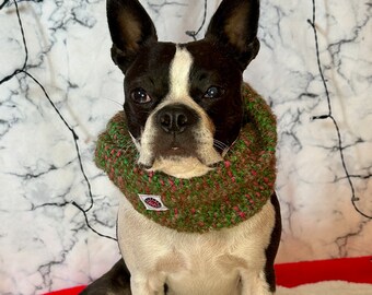 Green Multi Dog Sweater Scarf, Cat Scarf Unique Custom Twisty Design Handmade Critter Harmony Reclaimed Fabric  Pet Fashion Accessory