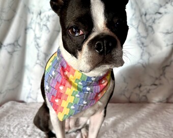 Rainbow Hearts Dog Bandana, Cat Bandana, Rainbow Unique Custom Elastic Design Pet Fashion Handmade Critter Harmony Reclaimed