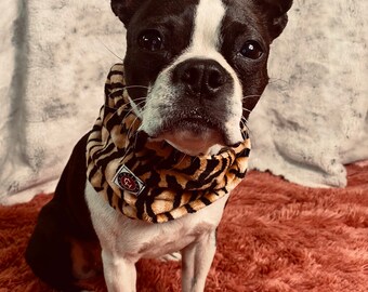 Faux Tiger Dog Scarf, Cat Scarf, Unique Custom Twisty Design Handmade Critter Harmony Reclaimed Fabric Upcycled Pet Fashion Accessory Gift