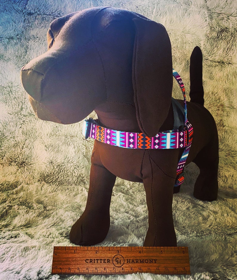 A small beagle model wearing our harness in a 3/4" purple aztec print. This harness slips on over the head and buckles behind the right front leg. Harness is available in many colors, and we use high quality materials and make these in the USA.