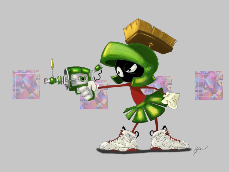 May include: A green cartoon character with a red and green costume, a green helmet with a brown brush on top, and white sneakers. The character is holding a green and silver ray gun.