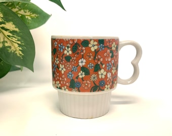 Vintage Floral Mug Ceramic Stackable Burnt Orange