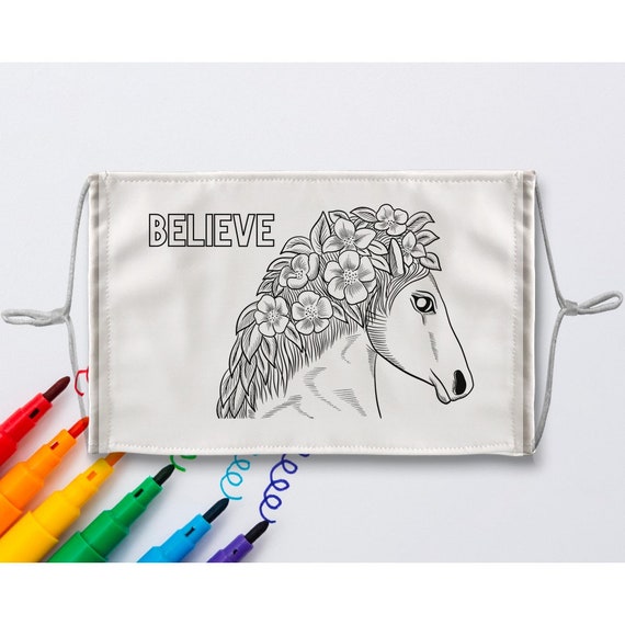 believe horse coloring face mask with 8 fabric markers  color your own  mask kit gift for children or adults  washable  filter pocket