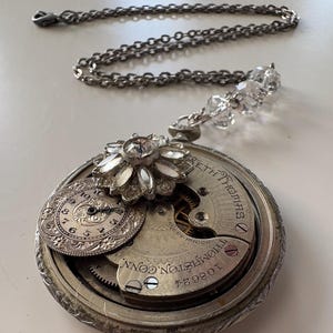 Steampunk upcycled assemblage pocketwatch rhinestone flower necklace, handcrafted artistic jewelry, boho steampunk fashion jewelry, handmade