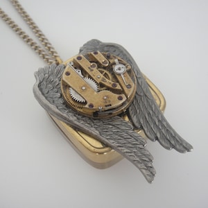 Music Box necklace, Artistic Steampunk jewelry, Handcrafted artistic jewelry, musicbox, silver wings fly, handmade upcycled fashion necklace