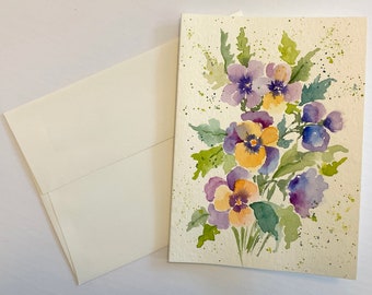 Original Hand Painting Watercolor Card, Violet Flowers greeting card, 5"x7" note card, Flower Painting Card, card + envelope, Hand painted