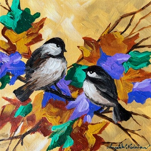 Original Acrylic Painting, Contemporary Art Painting Floral, Flower painting, Animal canvas art, Birds, Colorful Birds and leaves